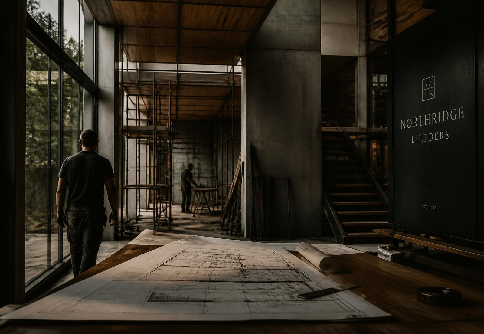 Bouwproject in aanbouw met beton, hout en bouwtekeningen